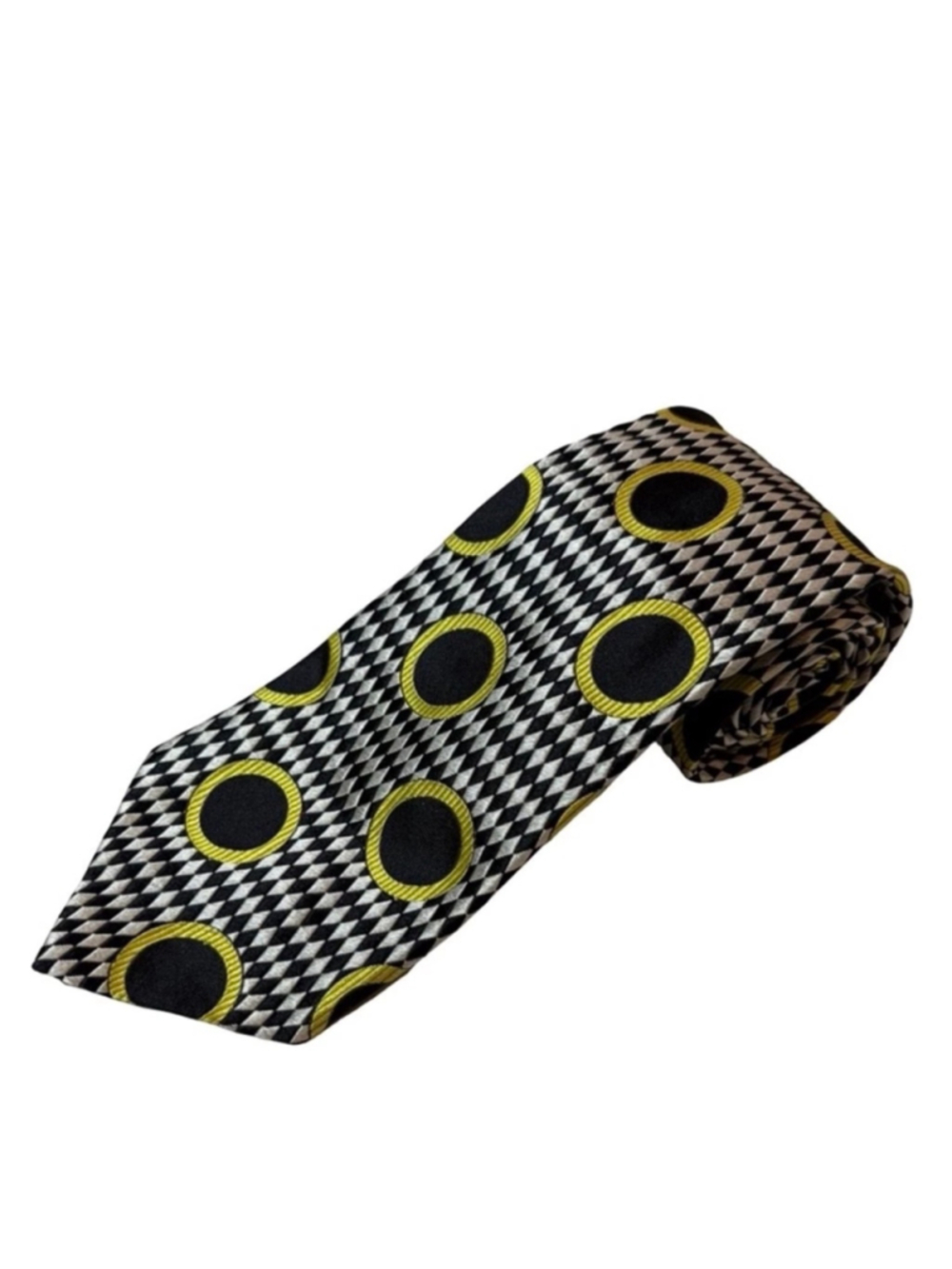 Gianni Versace Geometric Circle Silk Tie Black Gold Harlequin Italy 90s